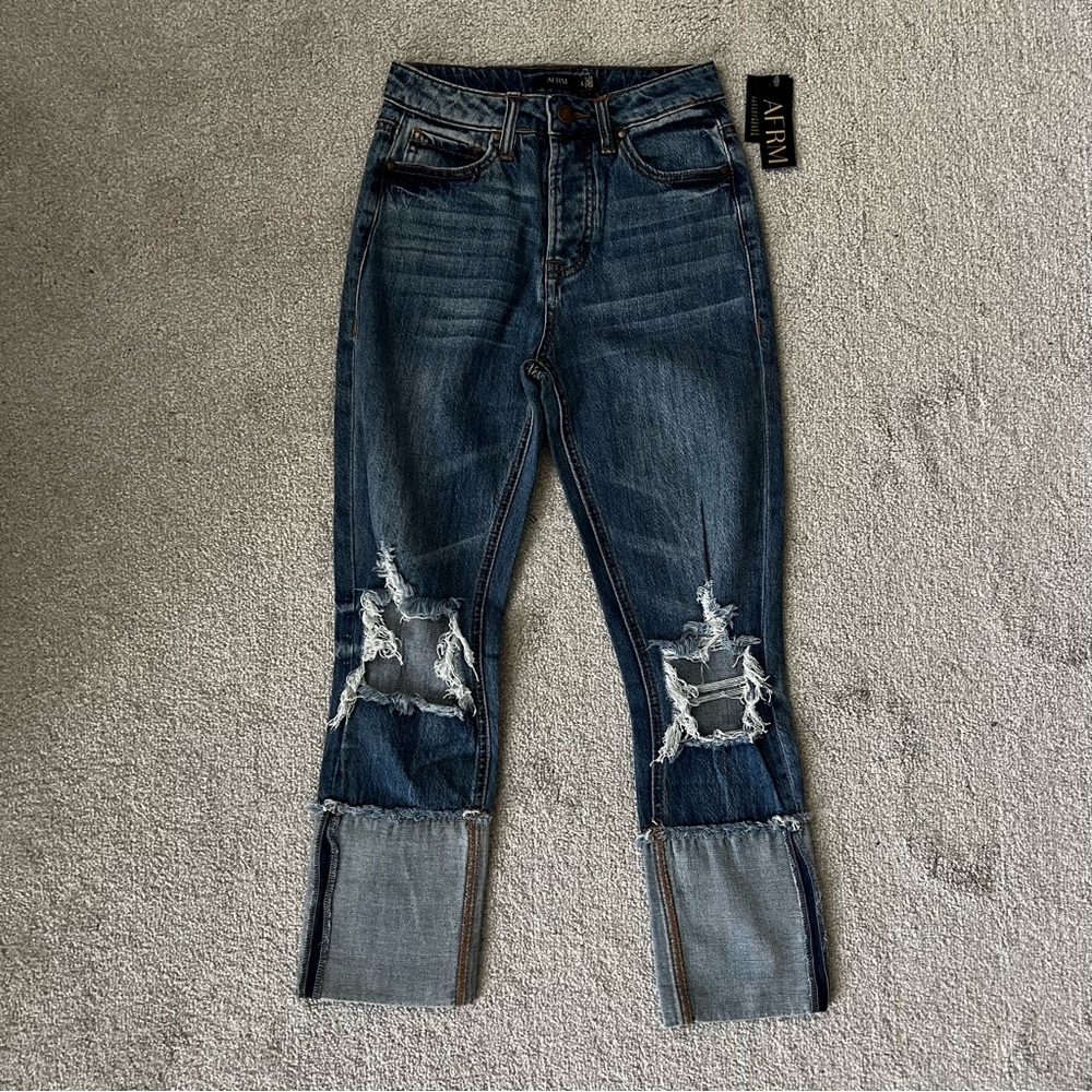AFRM Cut-Out Knee Distressed Boyfriend Jeans w/ Turned-Up Hem